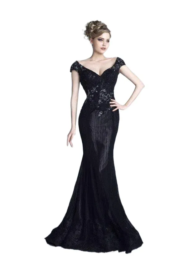 Tony Chaaya Black Mermaid Prom Dreess Cap Sleeve Deep V Neck Lace Appliqued Drefm Wear Deep Sweep Train 형식 가운