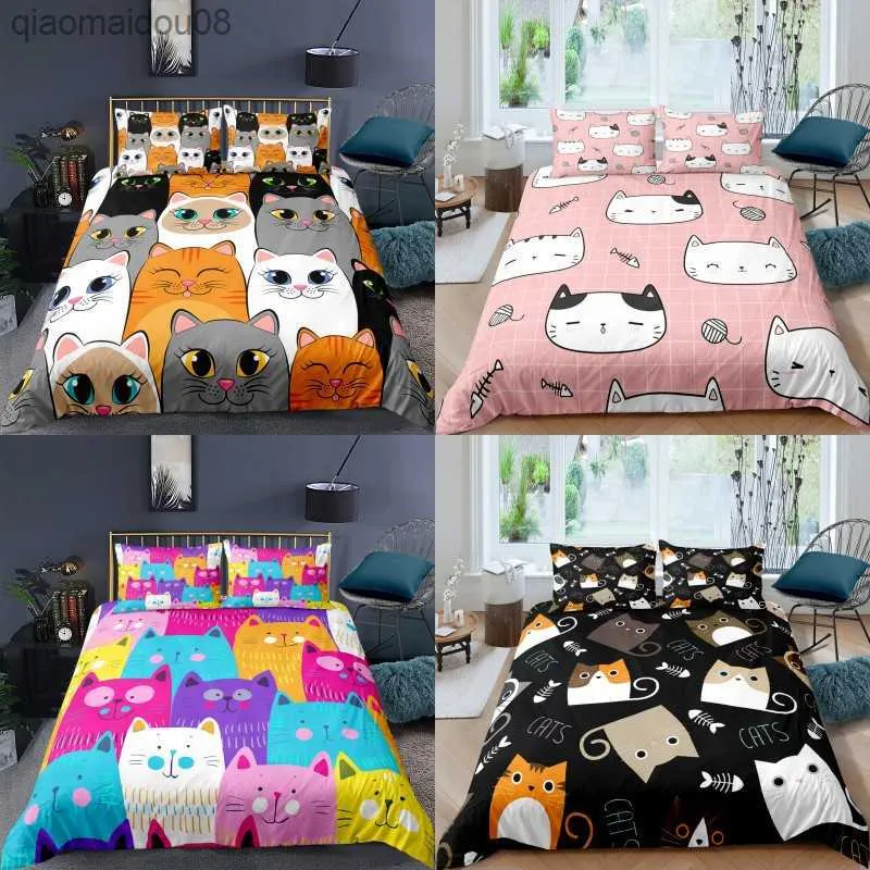 Cartoon Cat Cover Digital Print Polyester Bedding Set barnbarn täcker pojkar sängkläder uppsättning för tonåringar king size sängkläder set l230704