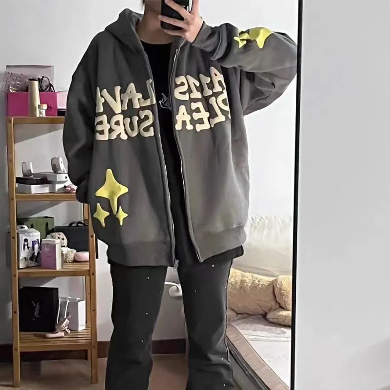 Camisolas femininas com capuz Y2k Zíper Primavera e Outono Street Fashion Super Dalian Hoodie Harajuku Letter Star Foam Print Mulheres Casal Top Kpop 230725