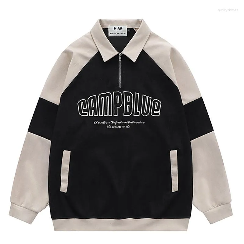 Herrtröjor män hiphop sweatshirt retro brev broderededy mocka harajuku pullover streetwear 2023 höst bomull lös halv-zip lapel