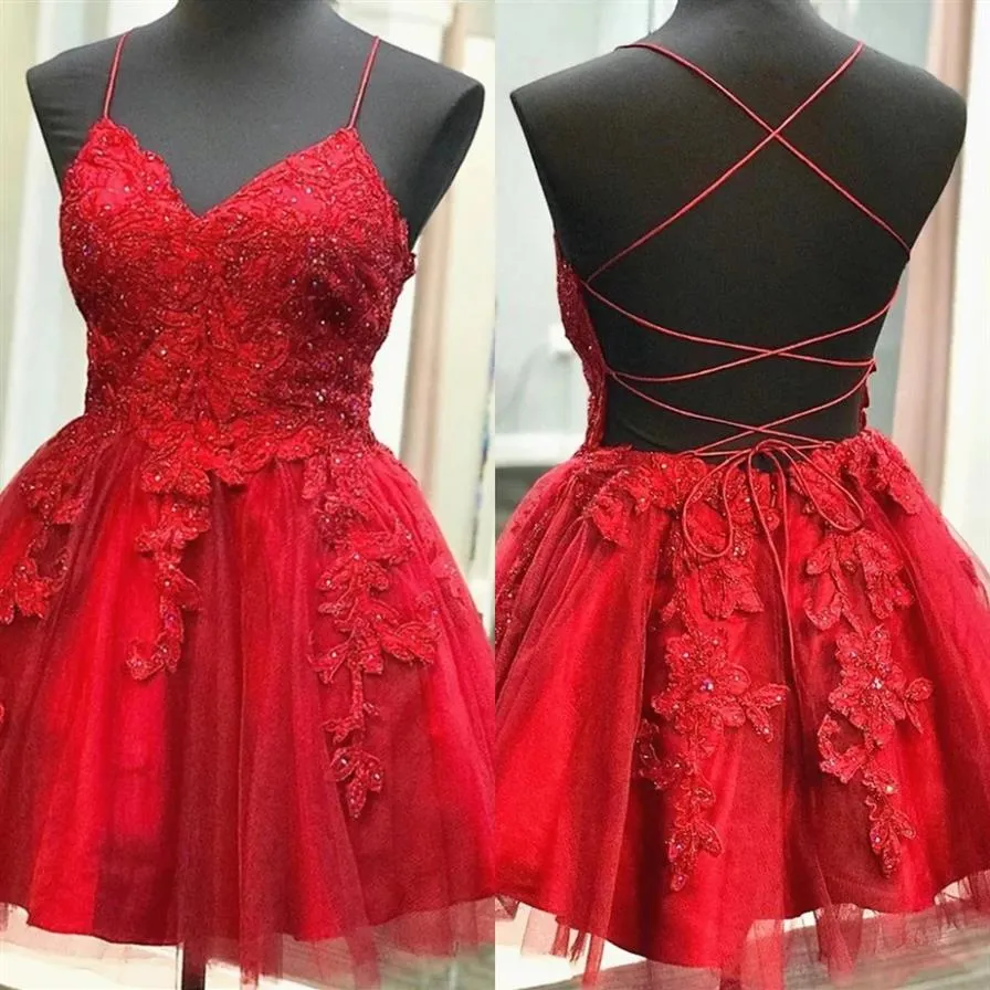 Jolies appliques de dentelle rouge robes de soirée bretelles spaghetti perlées robe de bal courte robe de soirée mini cocktail robes de graduation248g