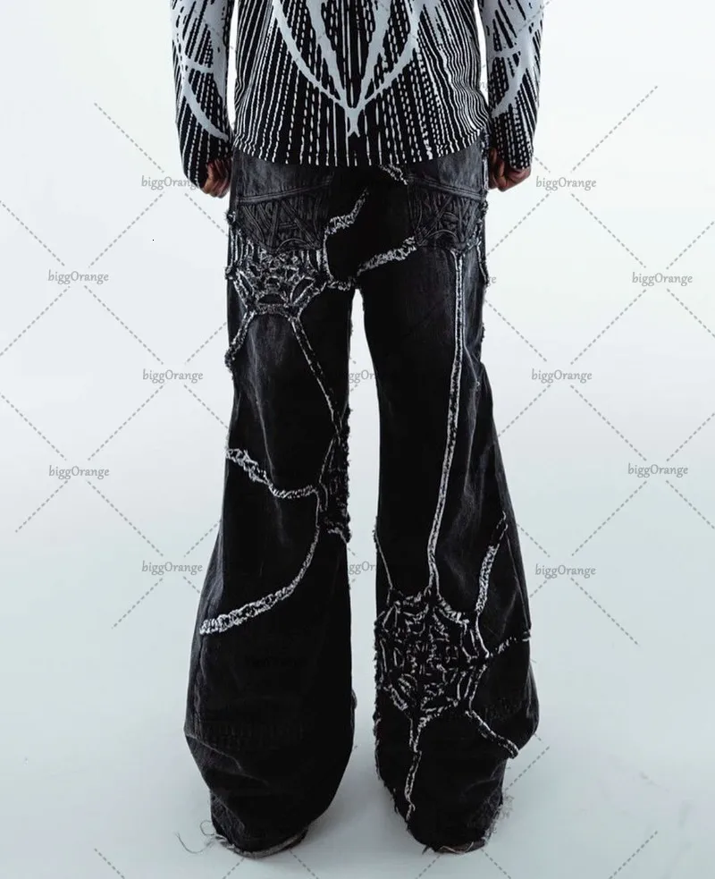 Men's Jeans American Fashion Wash Spider web Stripe Wide Leg Men's Y2K Gothic Rock Loose High Waist Wide Leg Straight Leg Pants 230720