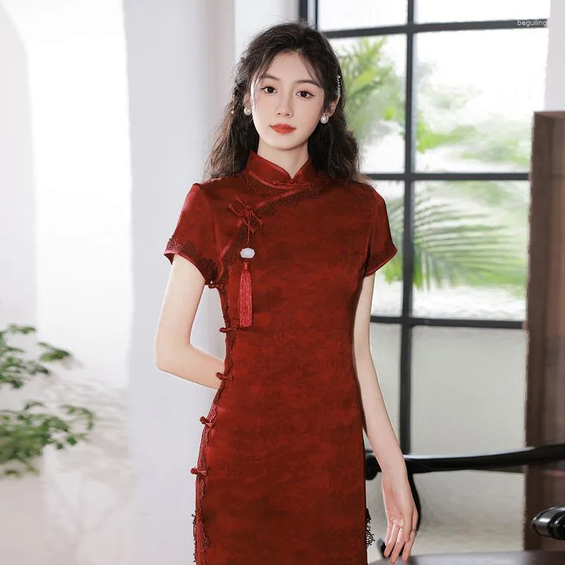 Ethnic Clothing 2023 Women Wine Red Cheongsam High Quality Long Dress Short Sleeve Female Wedding Costumes Vintage Qipao Evening