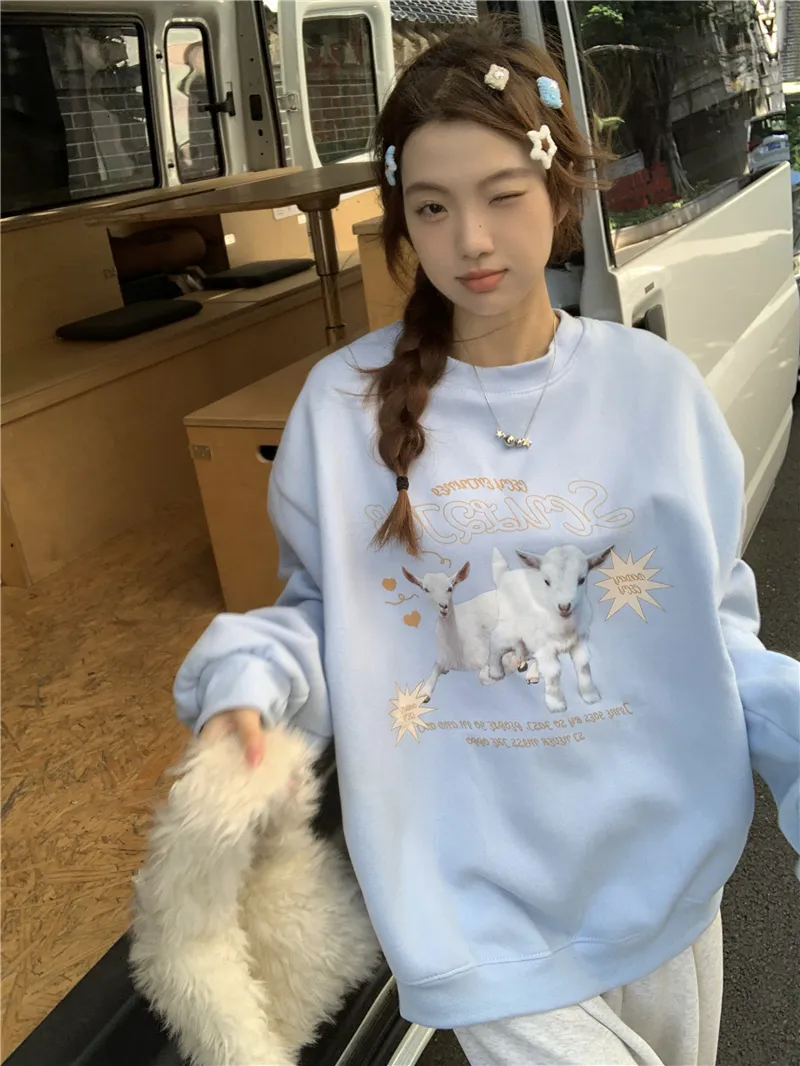 Womens hoodies tröjor kawaii tecknad tryckt långärmad topp y2k estetisk oneck lös pullover sweatshirt höst vinter förtjockas casual hoodie kvinnor 230724