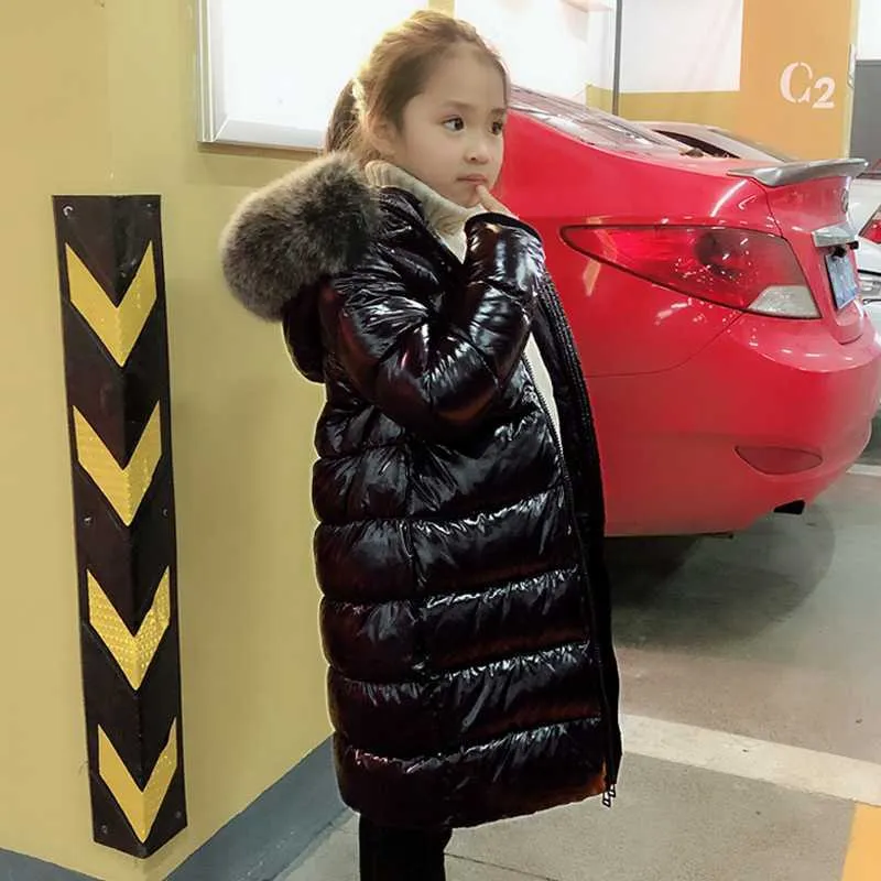 Down Coat 85-150 Cm Girls Boys Winter Shinning Long Down Baby Kids Children Thick Warm Real Fur Hooded Coat Outer Wear HKD230725