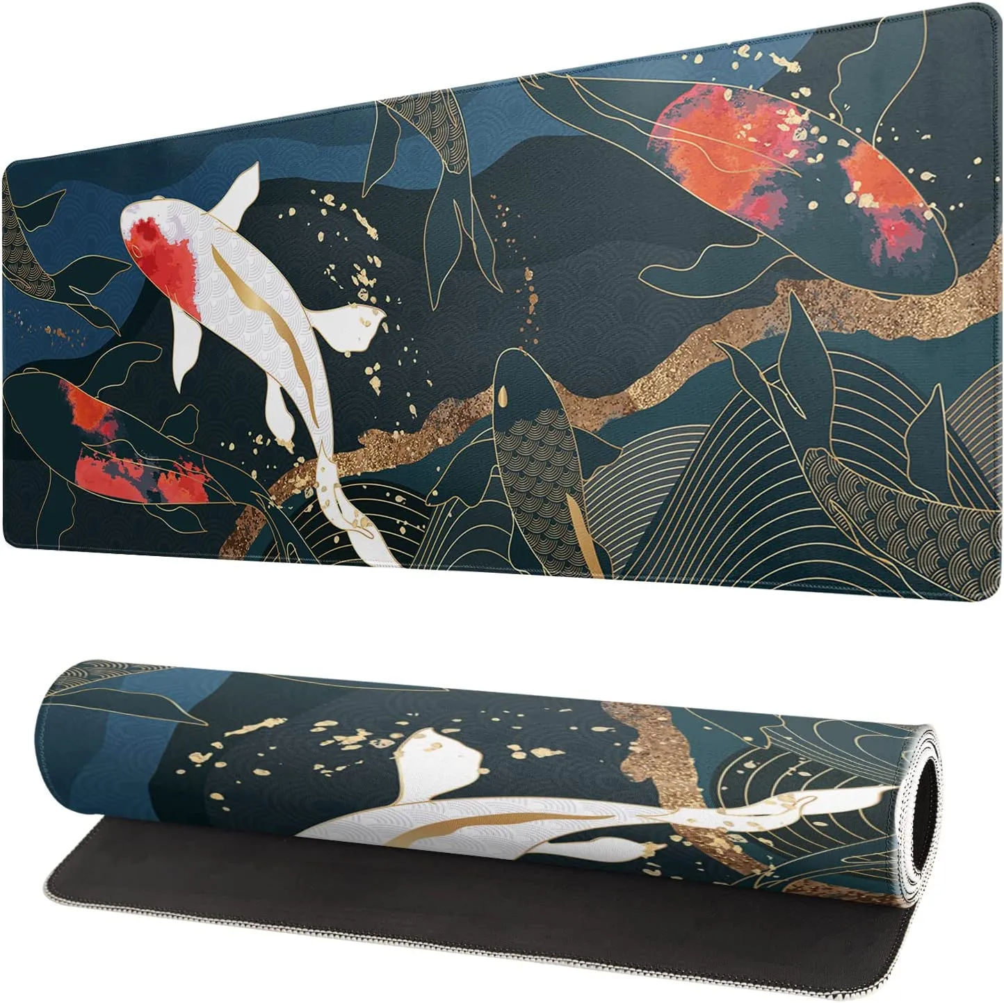 Koi Fish Art Mouse Pad Japanese Gaming Full Desk Mousepad Extended Large Non-Slip Rubber Base Keyboard Mat with Stitched Edges