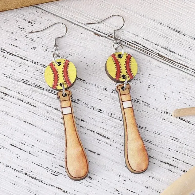 Kolczyki Dangle Wood Baseball i nietoperz dla kobiet podwójna druk drewniana dziewczyna sportowa biżuteria hurtowa