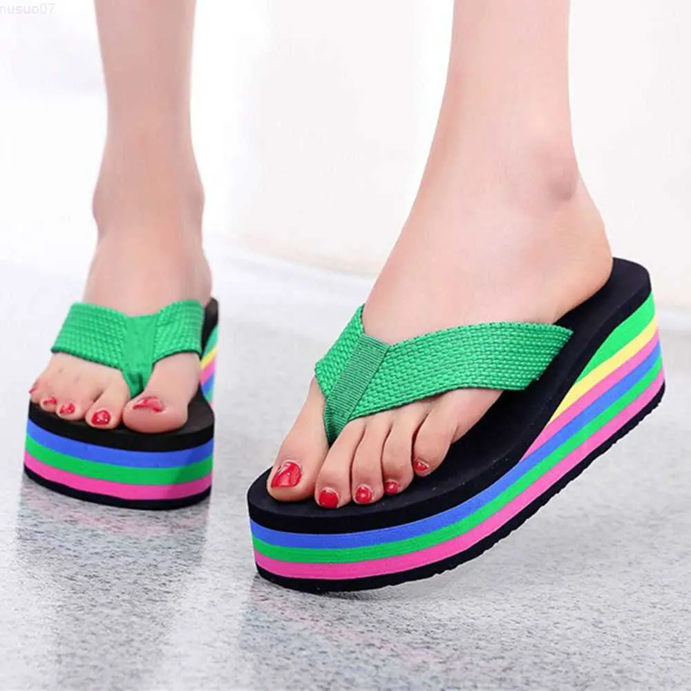 Slippers Women Flip Flops Beach Shoes Wedge Sandals High Heels Casual Peep Toe Platform Slippers Rainbow Summer Woman Slippers qt411 L230725