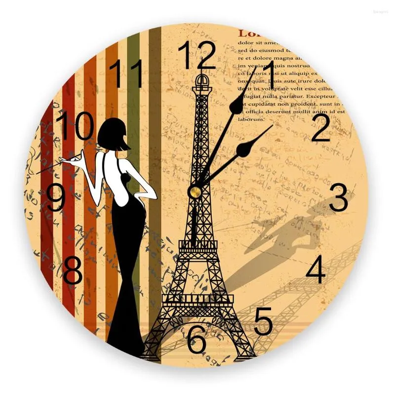 Wall Clocks Eiffel Tower Woman Retro Style Clock Home Decor Bedroom Silent Digital For Kids Rooms