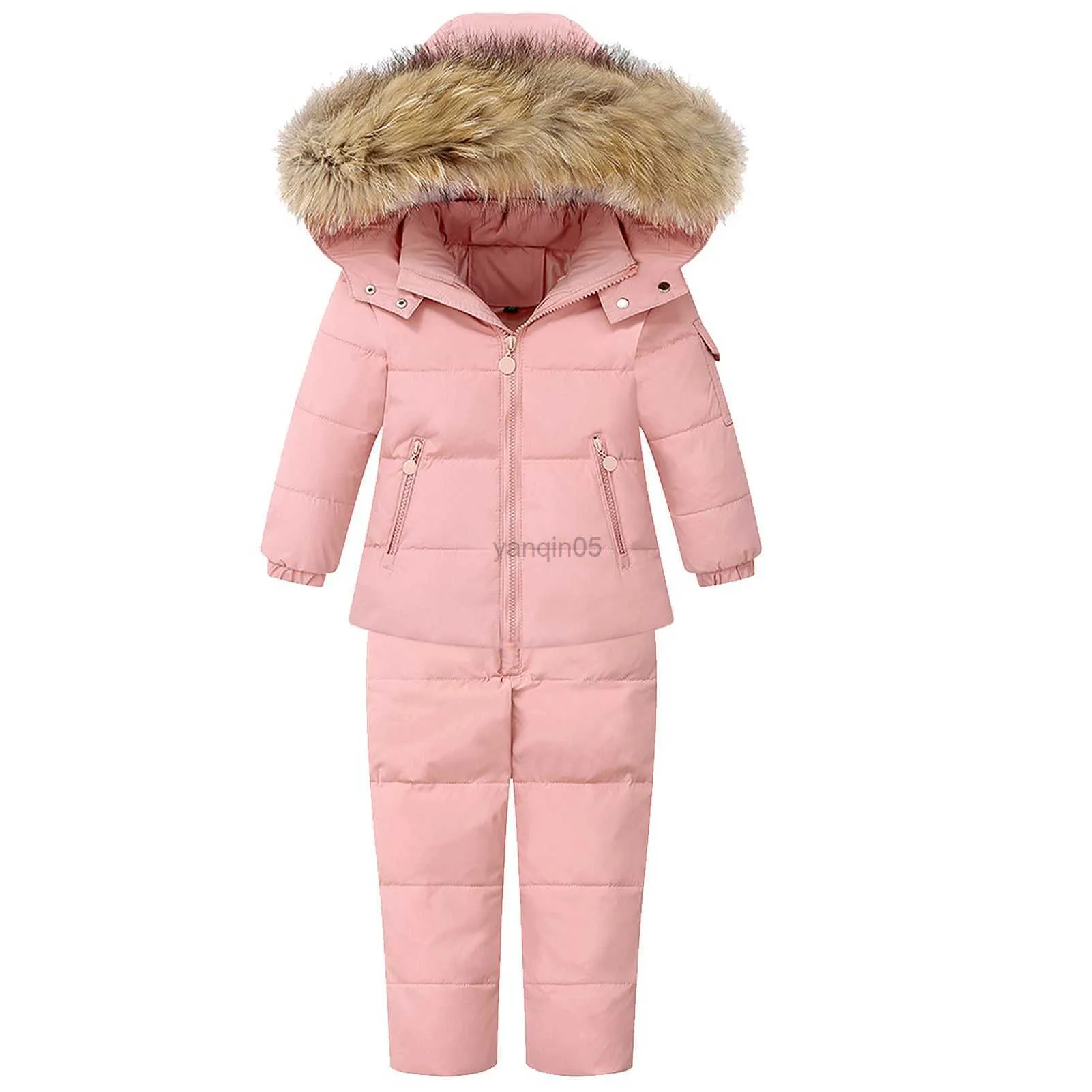 Donsjas Baby Meisjes Sneeuwpak Witte Eendendons Jas 2-delig Peuter Jongens Winddicht Sneeuwkleding Kinderen Kapmantel + Warme Snowbib Broek HKD230725