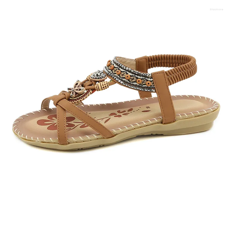 Sandaler 2023 Bohemian National Rhinestone Crystal Diamond Flat Shoes Women Summer Ethnic Beach Casual Plus Size 43