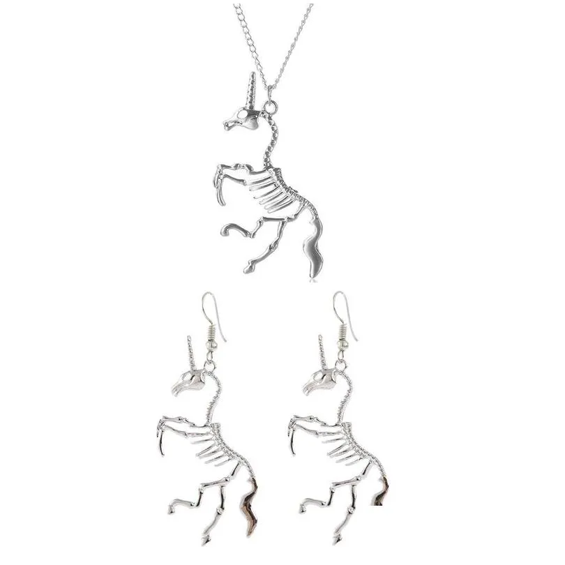 Earrings Necklace Creative Hyperbole Unicorn Skeleton Pendants Necklaces Jewelry Set Women Personality Punk Alloy Unicorns Drop Deli Dh8Uk