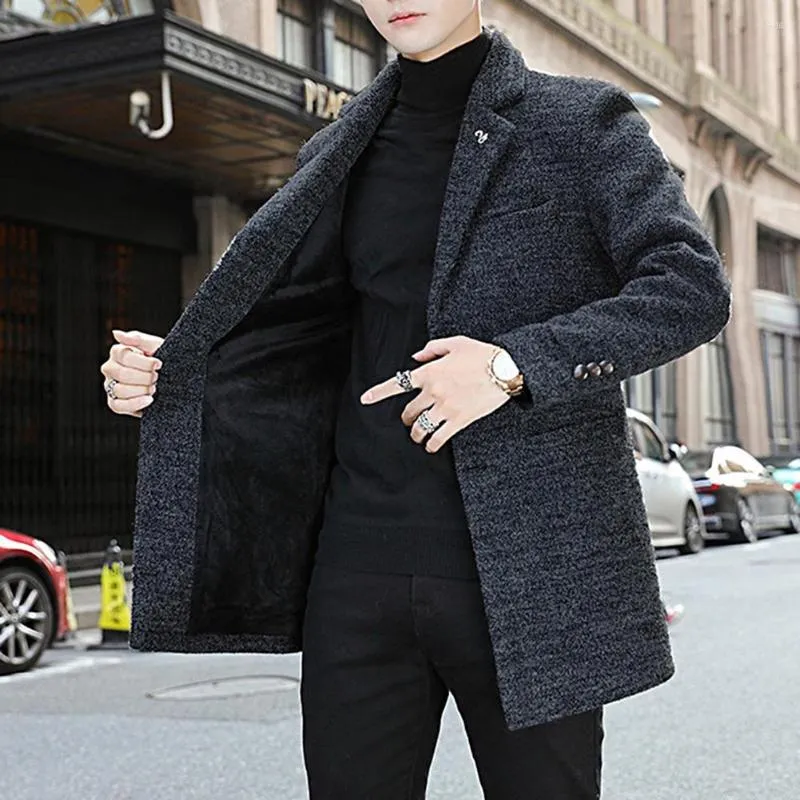 Herrjackor Men Windbreaker Classic Autumn Winter Mid-Längd Solid Color Thicked Woolen Blazer Coat Soft Padded Jacket