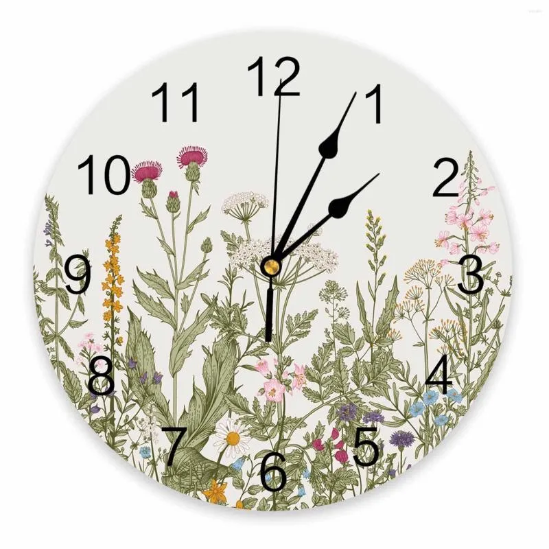 Horloges murales plantes fleurs feuilles rétro décoratif horloge ronde chiffres arabes Design non tic-tac chambres salle de bain grande