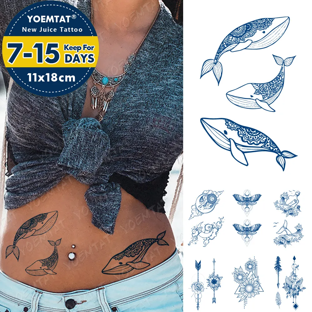 Juice Lasting Ink Tatuaggi Body Art Impermeabile Autoadesivo del tatuaggio temporaneo Mountain Forest Tatoo Arm Fake Sky Whale Sea Tatto Women