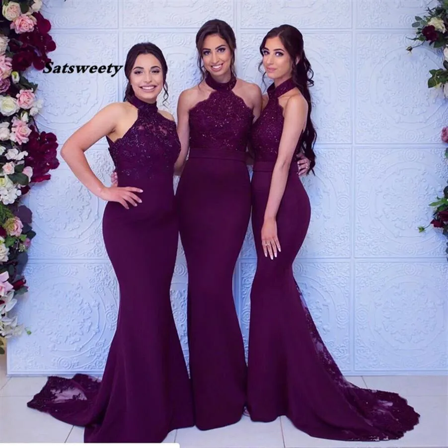 Sexy Druif Mermiad Bruidsmeisje Jurk Goedkope Lange Hoge Hals Bruiloft Gast Black Girl Wedding Prom Avond Party Gowns284E