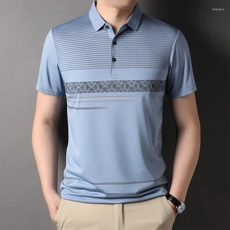 Men's T-skjortor 2023 Business Casual Polo Shirt T-shirt Summer Horisontell strip Fashion Thin Section Lapel Kort ärm Män