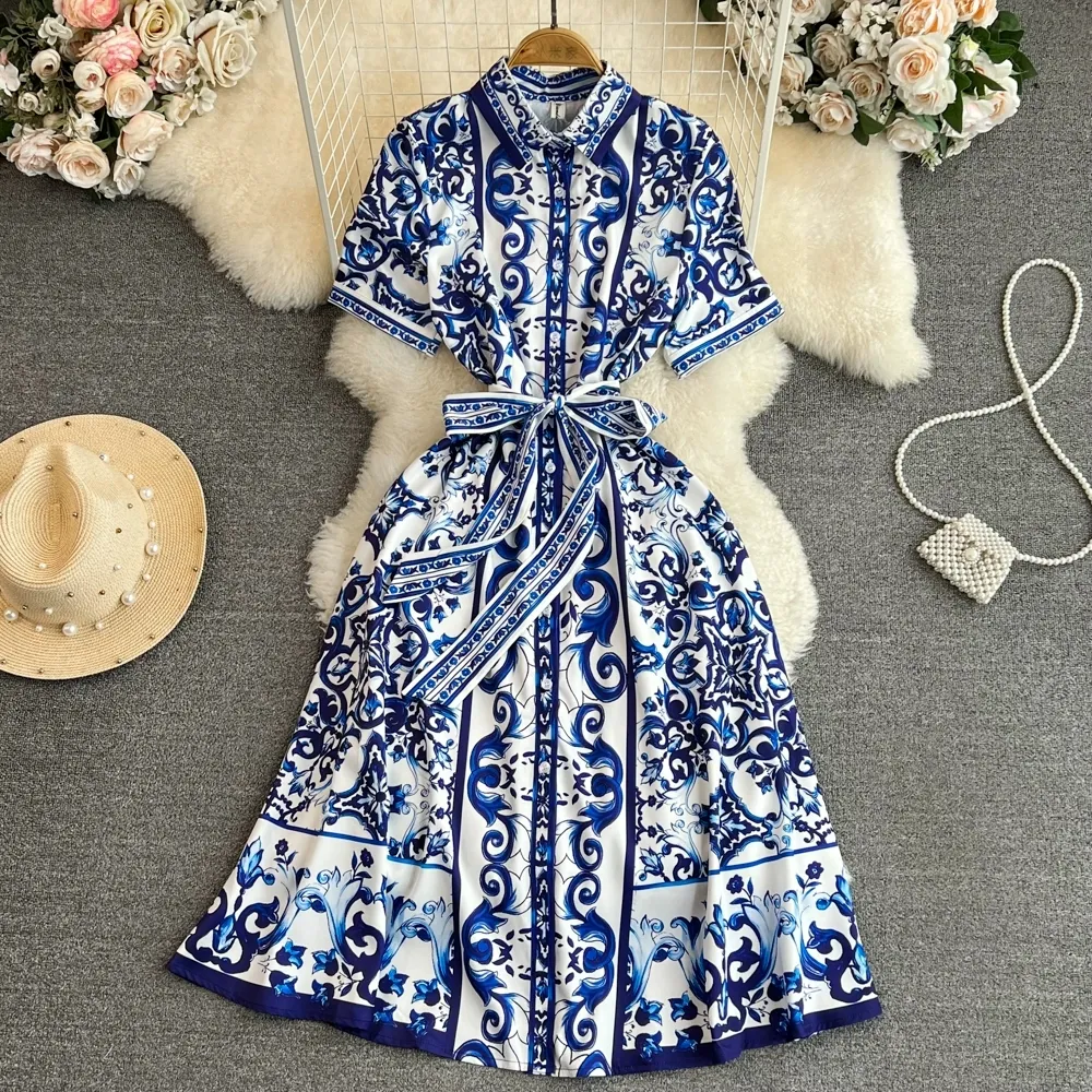 Summer retro palace style temperament short sleeved lapel with waistband for slimming single breasted celadon print A-line shirt dress