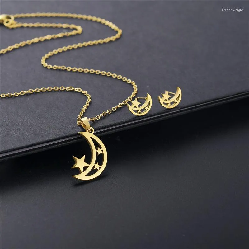 Halskette Ohrringe Set Mode Edelstahl Mond Sterne Kette Schmuck Valentines Hohl Crescent Für Frauen Großhandel