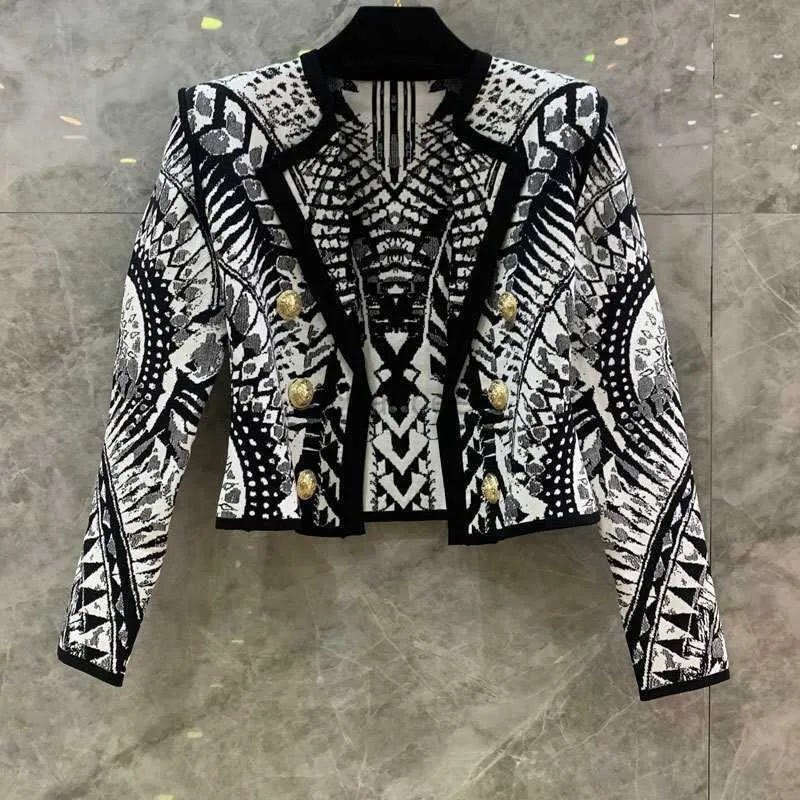 Women's Down Parkas 23New Knitted Short Jacket Fashion Runway Double Breasted Lapel Jacquard Geometric Pattern Coat Chic Women High Quality Clothes HKD230725