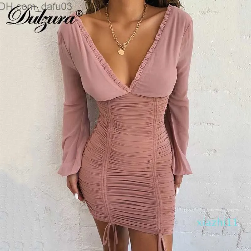 Podstawowe sukienki swobodne gorąca wyprzedaż Dulzura 2019 Autumn Winter Woman Mini sukienka długie rękawowe sznurka ruffy Bodycon Party Elegancki obiad bandaż Z230725