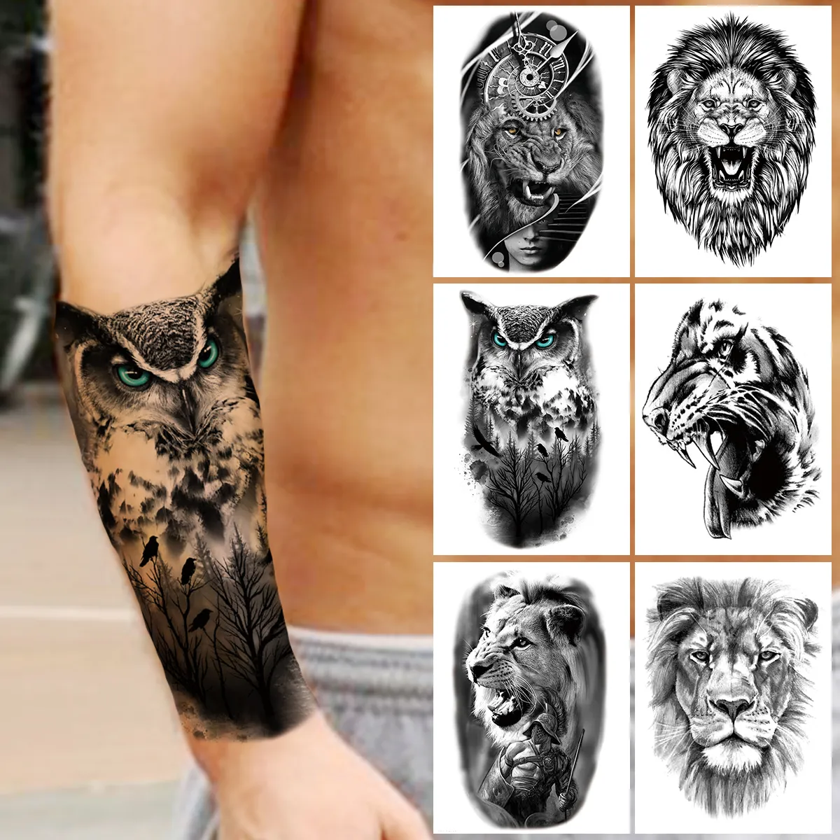 Owl Forest tillfällig tatuering för män kvinnor barn pojkar lejon falska monster tatueringar klistermärke kompass svart vatten överföring tatoos arm