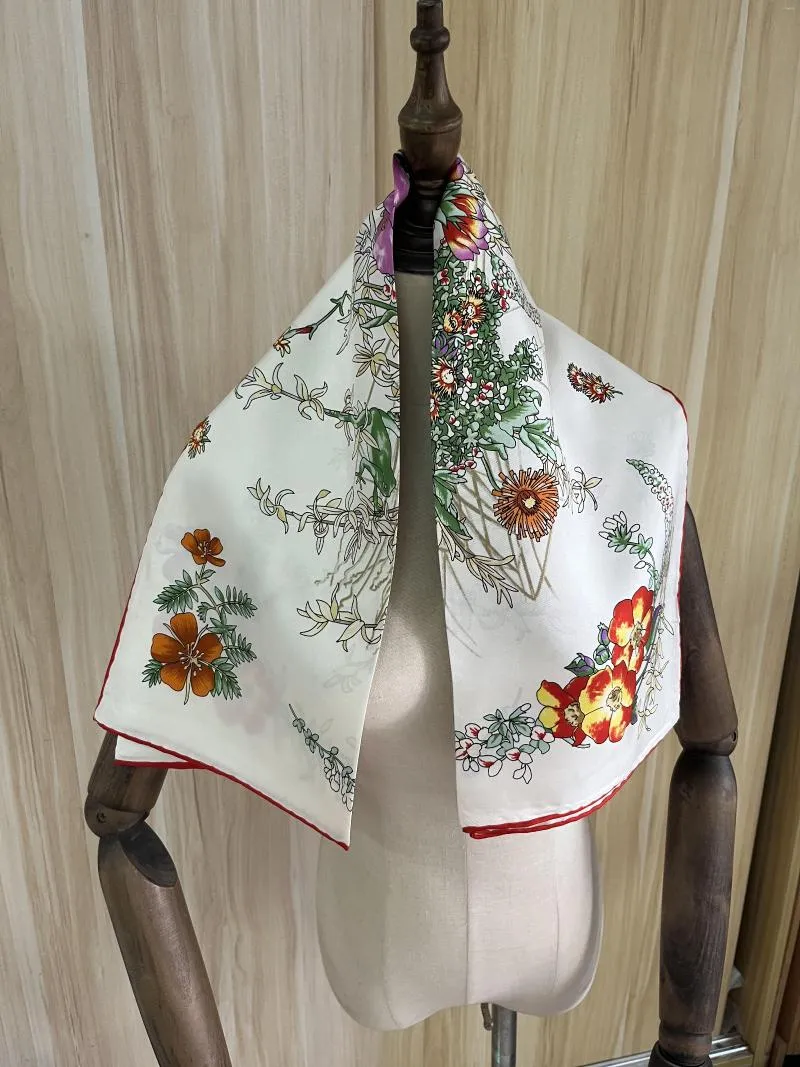 Bufandas 2023 llegada moda elegante flor blanca bufanda de seda 90 Cm cuadrado chal sarga abrigo para mujer señora chica