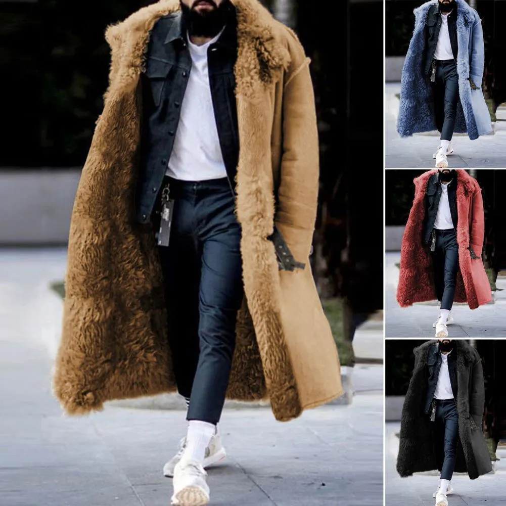 Men' Blends Trendy Men Winter Overcoat Midi Length Coat Faux Fur Colorfast Mid calf Warm 230725