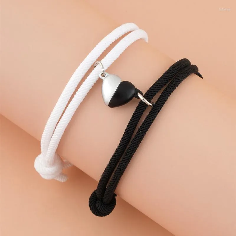 Charm Bracelets Fashion Black And White Heart Braided Rope Couple Bracelet Magnetic Attraction Shape Adjustable Friendship Jewelry