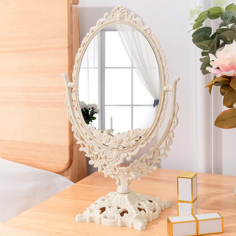 Espelho de mesa retro europeu retro duplo-face Espelho de maquiagem vertical para uso doméstico Estilo de palácio retrô Espelho de maquiagem giratório