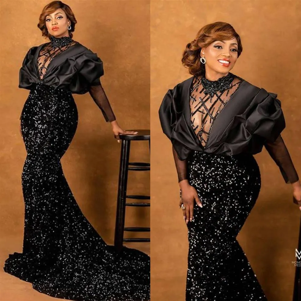 Aso Ebi Black Mermaid Abiti da sera convenzionali Glitter paillettes 2022 Arabo Dubai African Celebrity Party Abiti maniche lunghe perline H215K