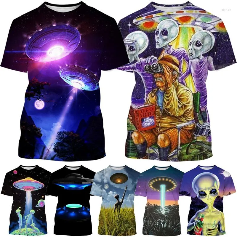 T-shirts pour hommes personnalité de la mode d'été unisexe impression créative décontracté col rond à manches courtes 3D UFO Alien imprimé T-shirt