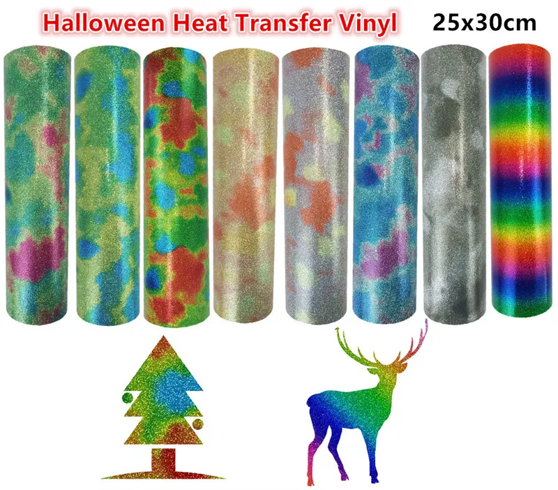 Halloween Heat Transfer Vinyl Iron On Vinyl HTV Colorful Glitter HTV for T-Shirts Clothes Fabric Noctilucent DIY Supplies 25x30cm sheet DIY Craft 8 sheets