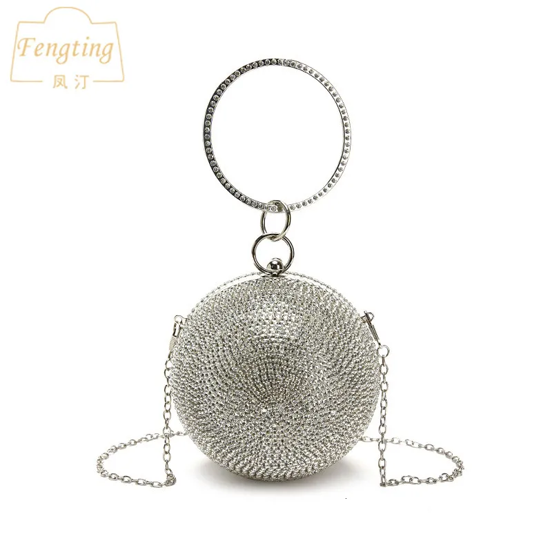 Akşam çantaları gümüş mini yuvarlak top kadınlar için moda elmaslar debriyaj çantası bayanlar messenger zinciri çanta ftb166 230725
