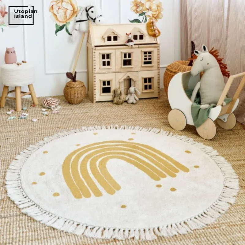 Alfombra Rainbow Fluffy para sala de estar con borlas Alfombra de felpa blanca Dormitorio de niños Alfombra de juego suave para guardería Niños Babi 230725