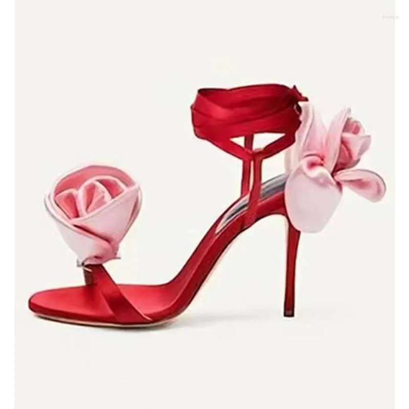 Sandaler Kvinnor Satin Front Back Flower Lace Up Stiletto High Heel Open Toe Ankel Strap 2023 Fashion for Woman