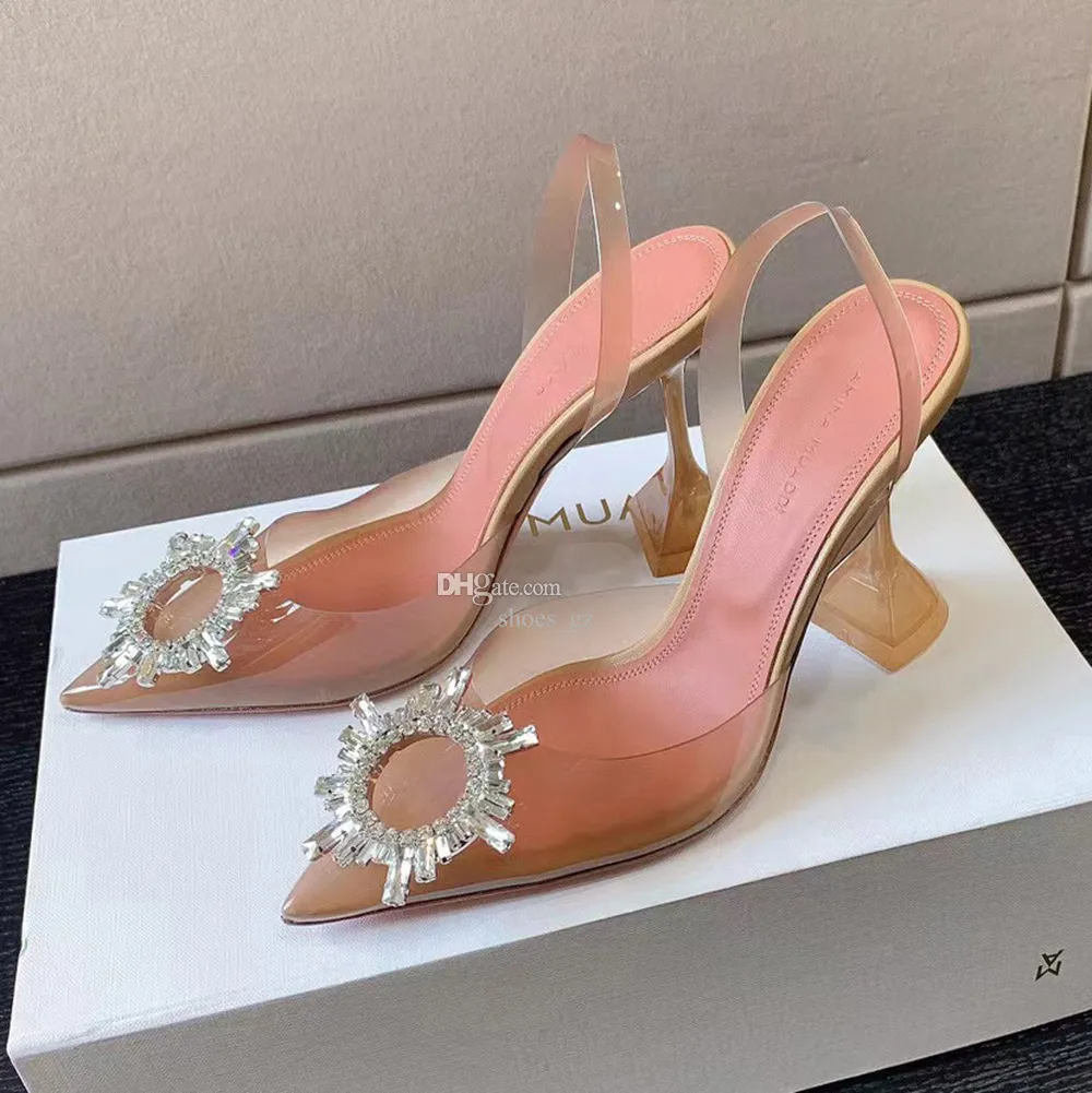 Amina Muaddi PVC Muller shoes crystal decoration Begum Pumps spool Heels sandals womens Luxury Designers Dress shoe Evening Slingback With original box