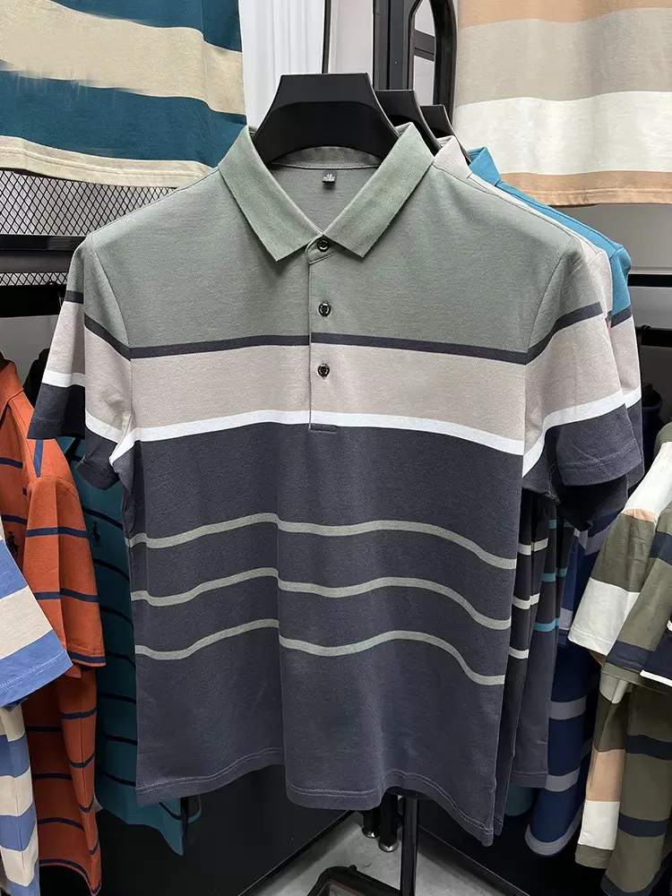 Polos masculinos de alta qualidade 95% puro algodão marca camisa polo bordada masculina verão cor sólida casual manga curta lapela legal moda listra top 230724