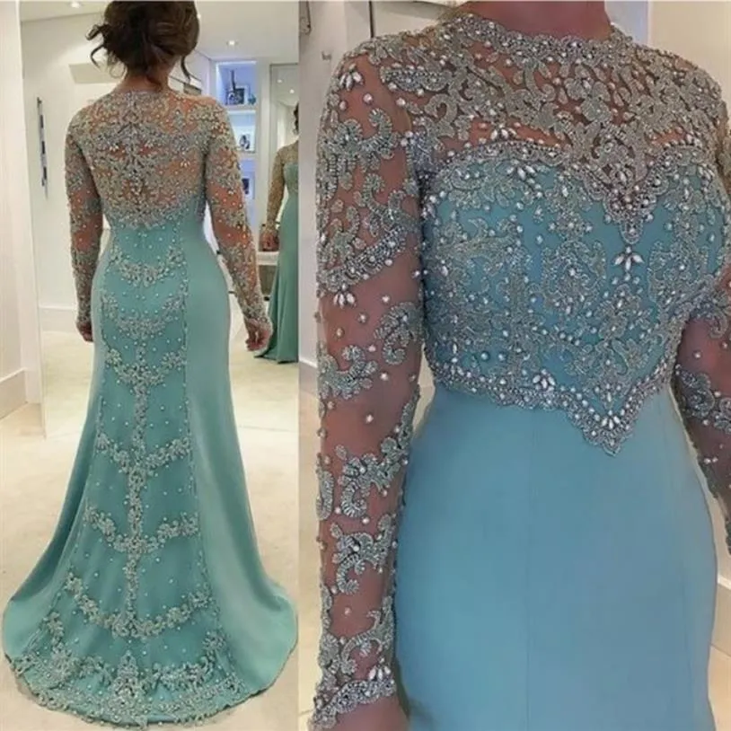 2019 Verde Menta Vintage Sereia Mãe da Noiva Vestidos de Noite Manga Longa Contas Cristal Renda Aplicada Tamanho Grande 295W