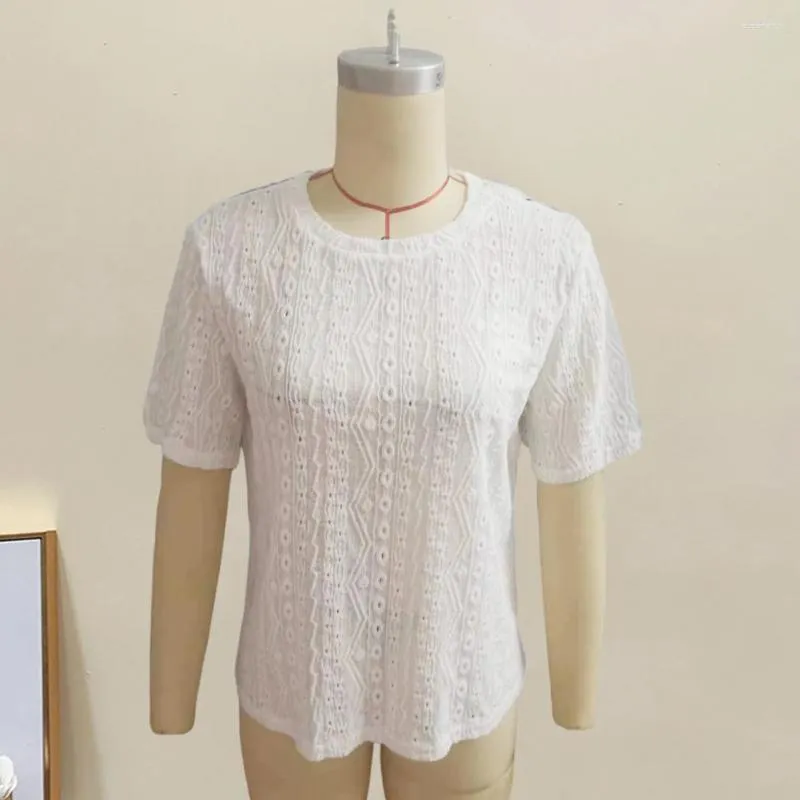 Blusas de mujer, camiseta de verano con textura geométrica calada en la parte superior de Color sólido, mangas cortas transpirables suaves