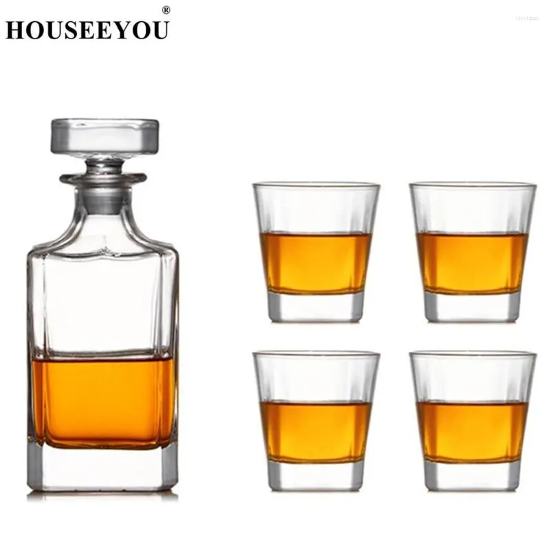 Bicchieri da vino HOUSEEYOU Cristallo senza piombo di lusso europeo 1 Decanter quadrato 4 Collezione di tazze da whisky Set di strumenti da bar trasparenti