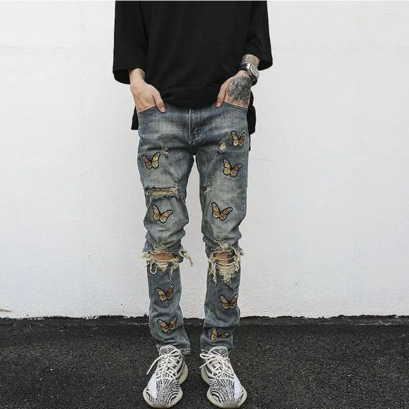 Men's Jeans Men Embroidery Ripped Holes Straight High Street Retro Punk Pants Fashio Hip Hop Streetwear Harajuku Butterfly