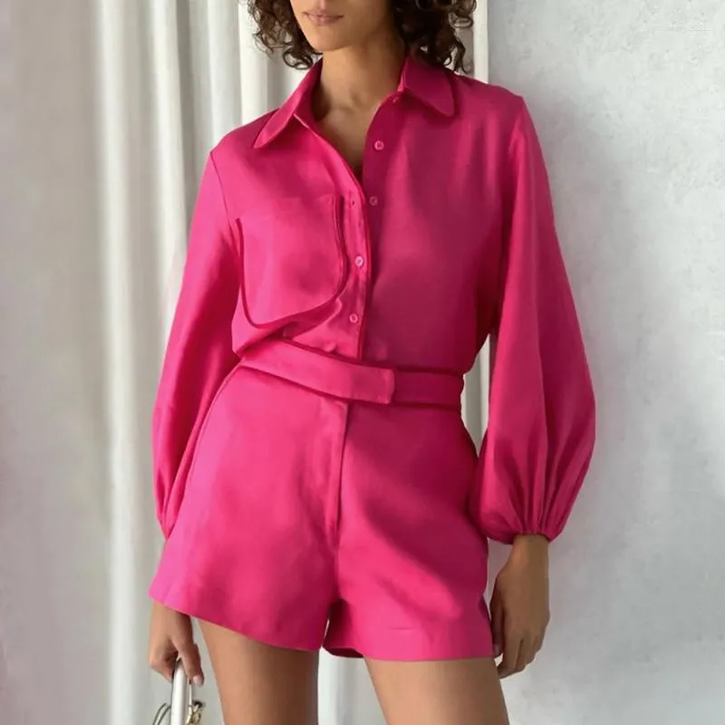 Women's Tracksuits Summer Outfits For Women 2023 Linen Shorts Sets 2 Pieces Pink Lantern Sleeve Thin Blouses Vacation Fashion Casual Suits