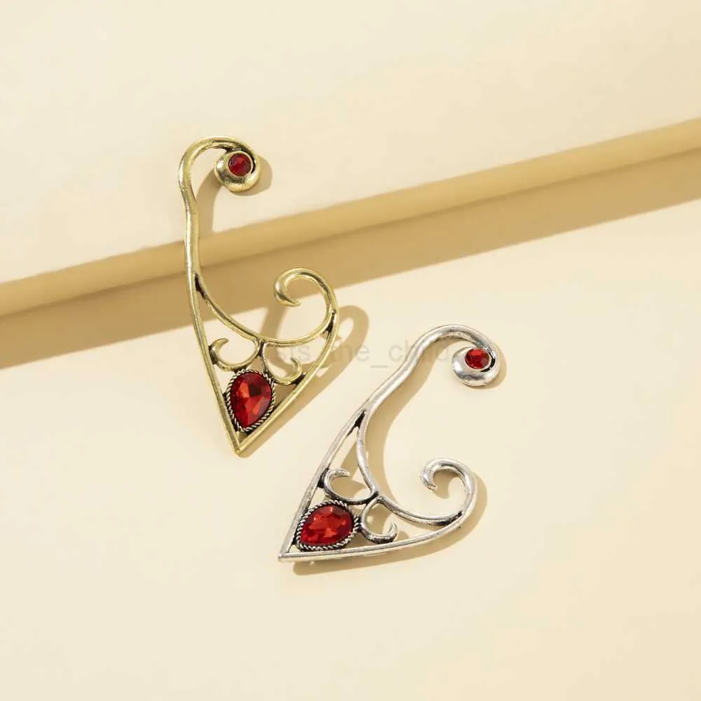 Dangle Chandelier Lost Lady European And American Retro Red Gem Outline Elf Ear Hanging EarClip Dark Hollow Without Ear Hole Halloween Earrings