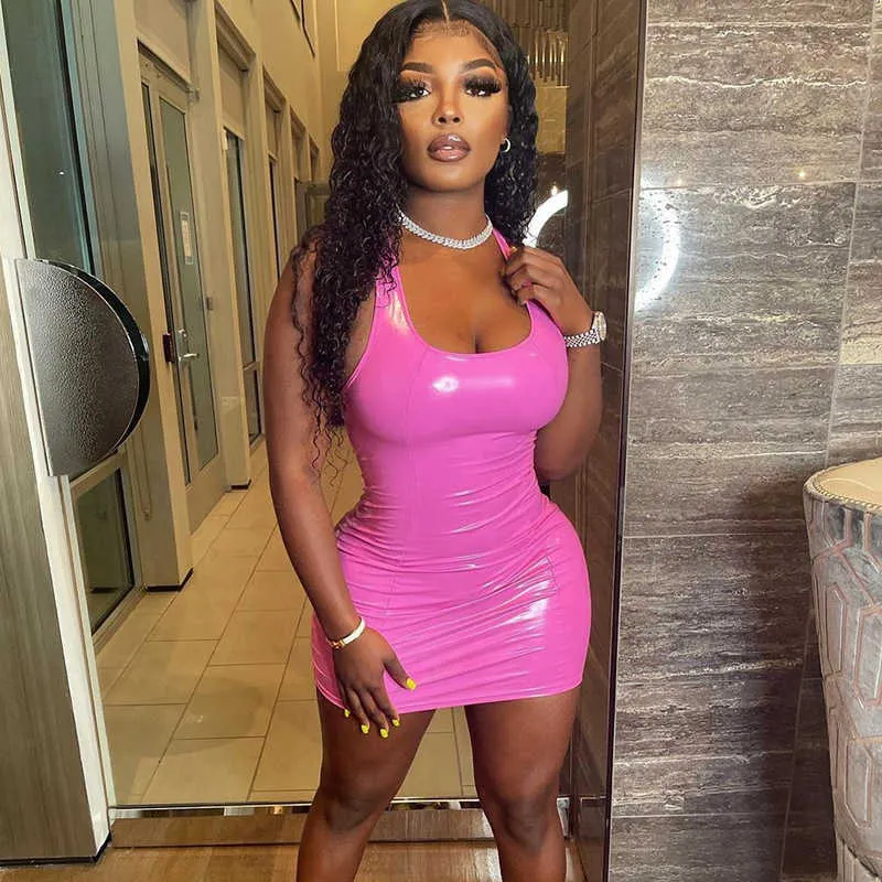 Spring Women's Pink Leather Suspender Pink Bodycon Dress with Short Buttock and Square Neck