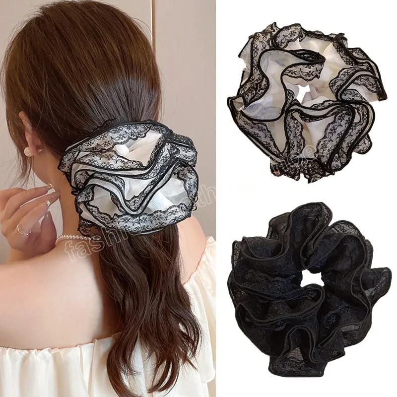 New French Hollow Out Lace Hair Scrunchies Large Elegant Women Hair Ties Fashion Ponytail Holder Double Layer Hair Bands