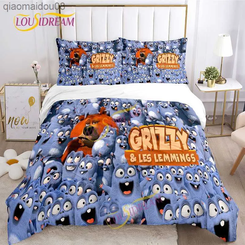 Creative Grizzy and the Lemmings Duvet Caber Case Bedding Set Four Seasons Large Sizeフラットシート3ピースフラットカバーL230704