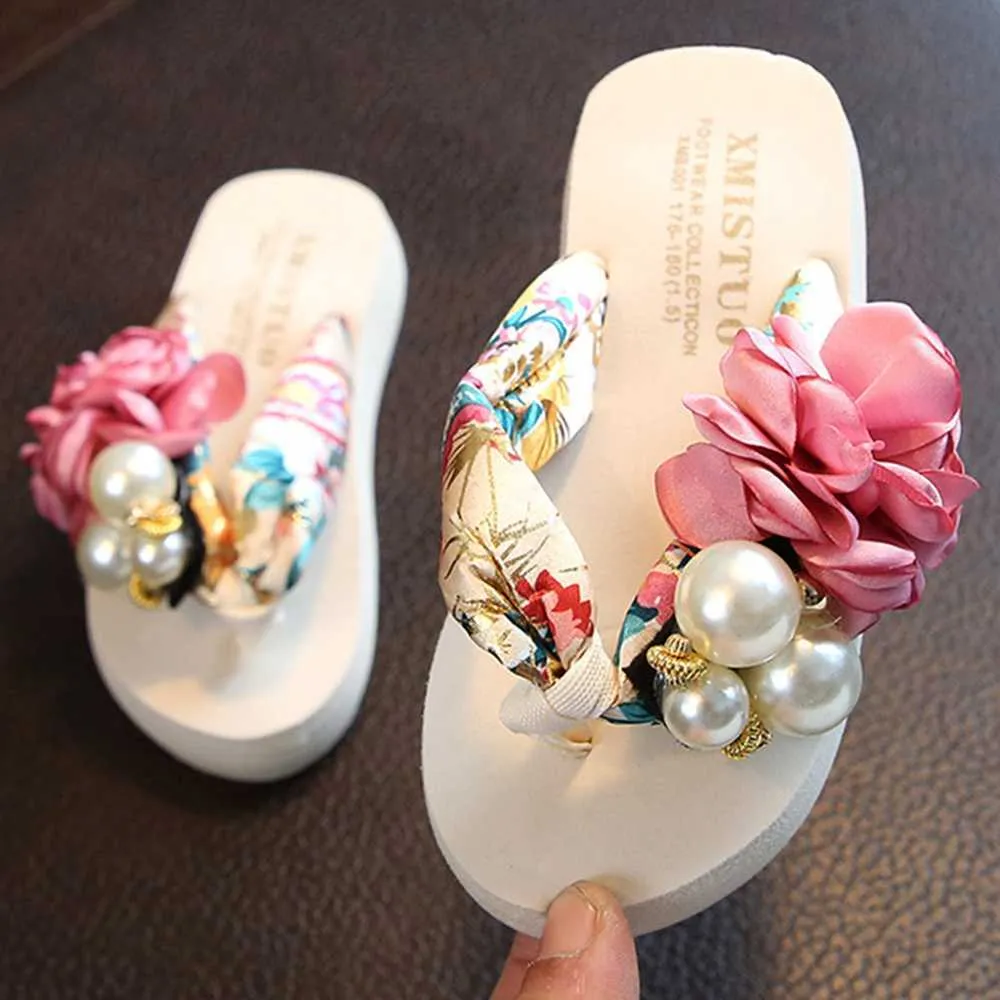 Slippers Kids Sandals Baby Girls Toddler Soft Non-slip Princess Flip Flop Flower Pearl Beach Shoes Casual Parent-child Slippers qq935 L230725