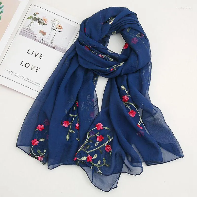 Scarves Women's Silk Scarf Elegant Beach Towel Chiffon Chinoiserie Embroidered Peach Sun Protection Spring Summer