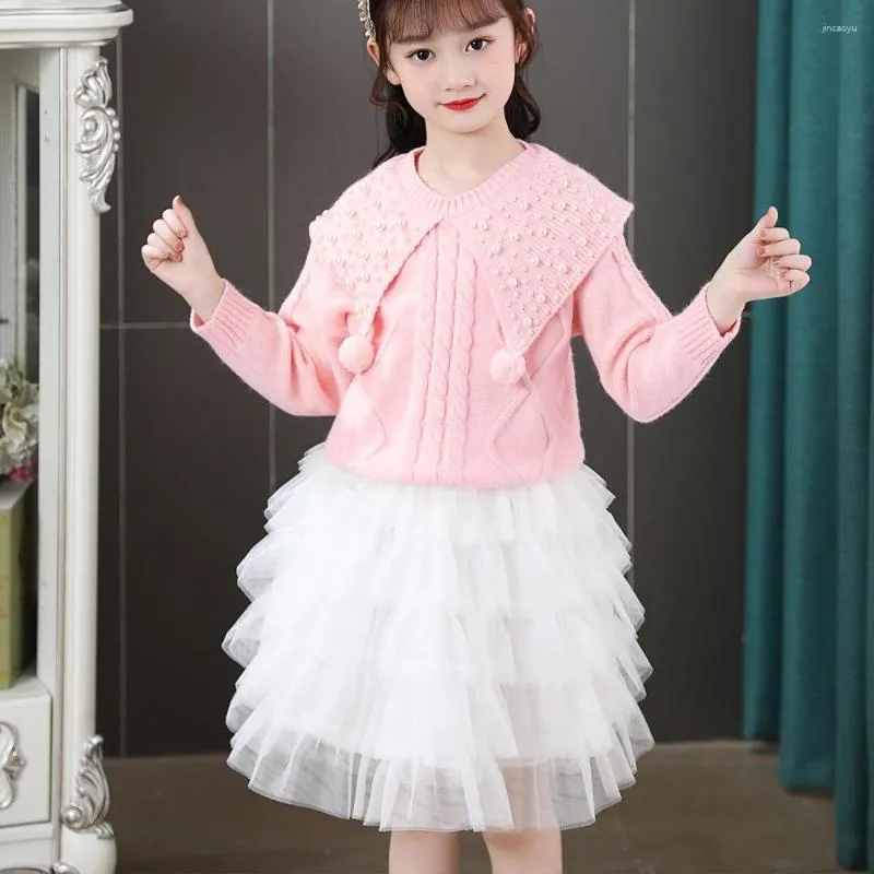 Mädchenkleider 2-13T 2023 Frühlingskleid Mode Lässig Prinzessin Stricken Patchwork Mesh Langarm Knielang Tutu Rosa/Weiß